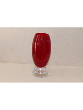 Large Ruby Red Glass Vase Clear Footed Base Centerpiece Decor Elegant Art Glass